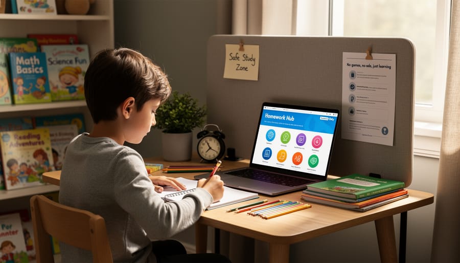 Child’s desk with notebook and pencils, and a closed laptop in the background in a softly lit bedroom.