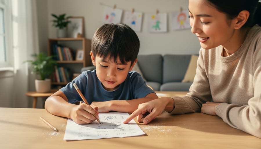 Child building a craft at a table with parent nearby offering gentle support