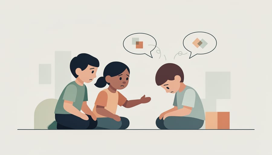 Two children collaborate over a book with attentive expressions and pointing gestures at a table in a classroom.