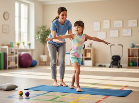 Child practicing a balance pose on a yoga mat with a therapist nearby during a dance-inspired physical therapy activity in a bright studio.