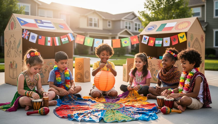Children using dress-up fabrics, toy cookware, and a small drum to create a pretend celebration in a playroom.