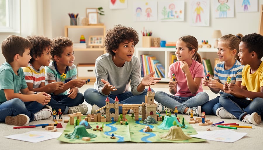 A child and caregiver play a pretend house scene with toy kitchen items, a doll, and fabric props on the floor.