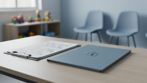 Locked folder and confidential records on a therapist’s clipboard in a child privacy-focused counseling room.