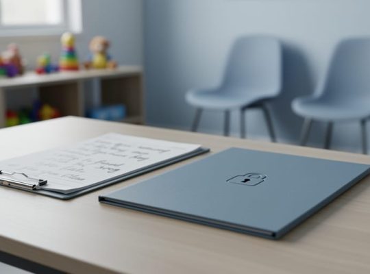 Locked folder and confidential records on a therapist’s clipboard in a child privacy-focused counseling room.