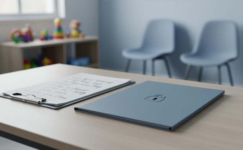 Locked folder and confidential records on a therapist’s clipboard in a child privacy-focused counseling room.