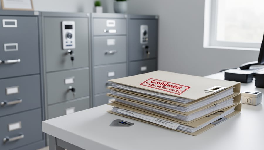Clinic reception area with closed cabinets and folders that symbolize protecting sensitive health records.