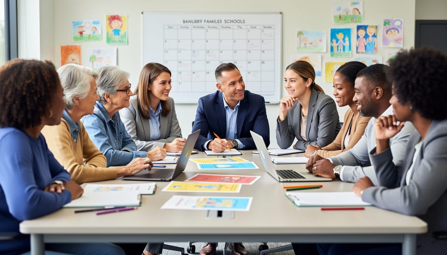 Parent, educator, and student in a school hallway meeting with notebooks and a folder on the table.