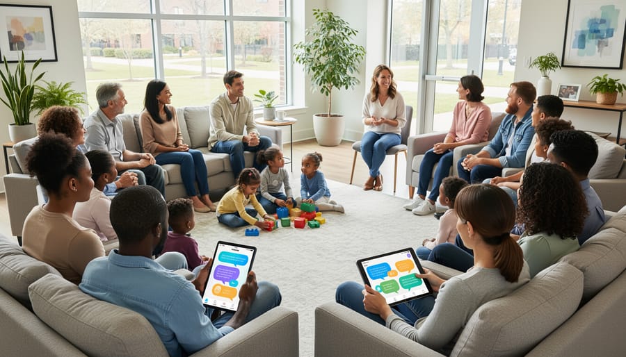 A parent and child sit with other families in a community room, suggesting support networks alongside helpful technology.