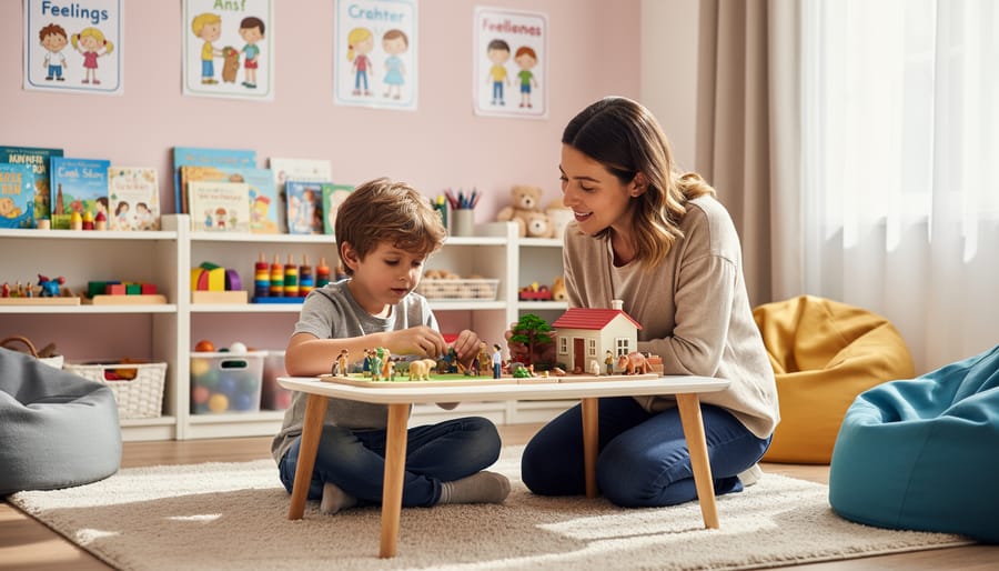 A counselor and child sit in a playroom with toy figures and a pretend house arranged between them.
