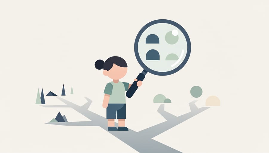 Child holding a magnifying glass over symbols to represent learning critical thinking for handling online situations.