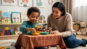 A diverse child and caregiver in a playroom engaged in pretend cultural play with toy dishes, a traditional textile, and story props.