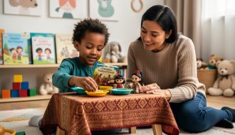 A diverse child and caregiver in a playroom engaged in pretend cultural play with toy dishes, a traditional textile, and story props.