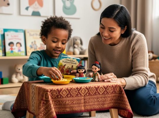 A diverse child and caregiver in a playroom engaged in pretend cultural play with toy dishes, a traditional textile, and story props.