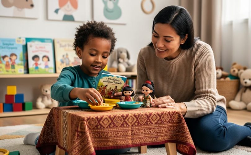 A diverse child and caregiver in a playroom engaged in pretend cultural play with toy dishes, a traditional textile, and story props.