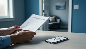 "A parent holding a privacy-related folder and smartphone near a softly blurred counseling setting, suggesting protection of a child’s mental health information."