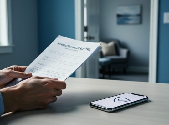 "A parent holding a privacy-related folder and smartphone near a softly blurred counseling setting, suggesting protection of a child’s mental health information."