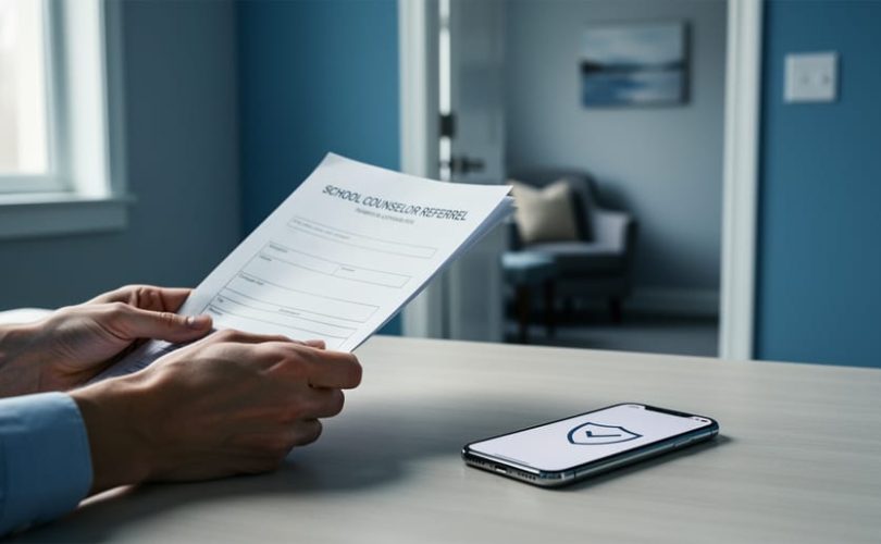 "A parent holding a privacy-related folder and smartphone near a softly blurred counseling setting, suggesting protection of a child’s mental health information."
