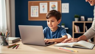 Child learning on a laptop at a study desk with a parent’s supportive presence nearby in a calm home environment