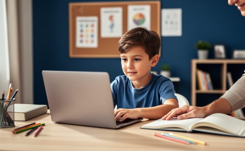 Child learning on a laptop at a study desk with a parent’s supportive presence nearby in a calm home environment