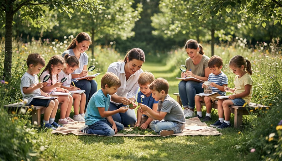 An adult crouching next to a child using a magnifying glass to observe leaves and wildflowers outdoors.