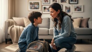Parent kneeling beside a child in a living room with an upset, empathetic moment, surrounded by warm, homey surroundings.