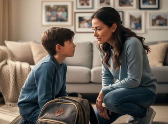 Parent kneeling beside a child in a living room with an upset, empathetic moment, surrounded by warm, homey surroundings.
