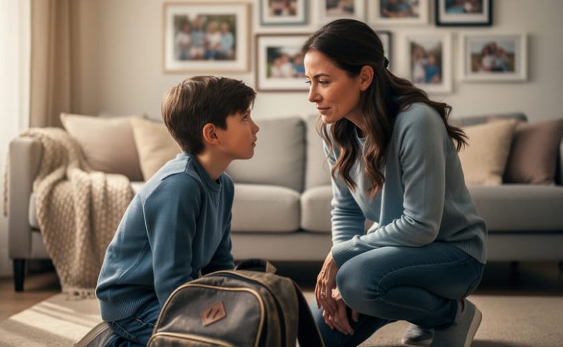 Parent kneeling beside a child in a living room with an upset, empathetic moment, surrounded by warm, homey surroundings.