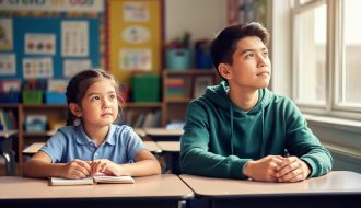 A child and teen taking a calm moment to reflect together at a desk, illustrating emotional intelligence skills in a learning setting.