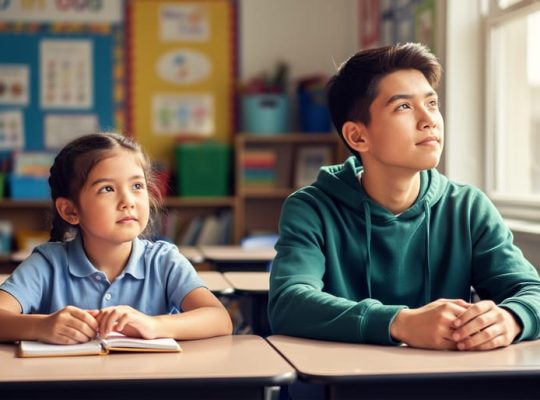 A child and teen taking a calm moment to reflect together at a desk, illustrating emotional intelligence skills in a learning setting.