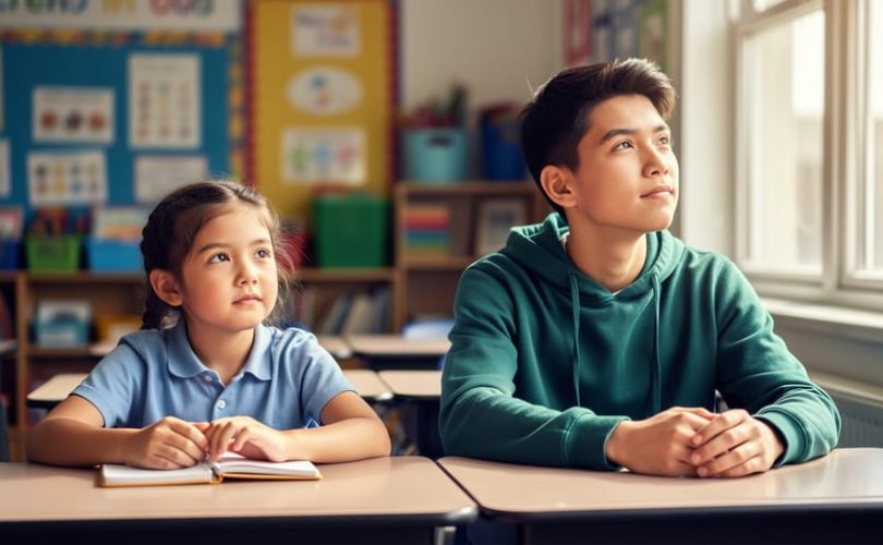 A child and teen taking a calm moment to reflect together at a desk, illustrating emotional intelligence skills in a learning setting.