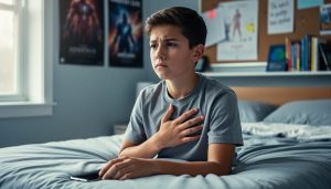 A calm teenage boy seated in his room with one hand on his chest, looking more composed in soft natural light.