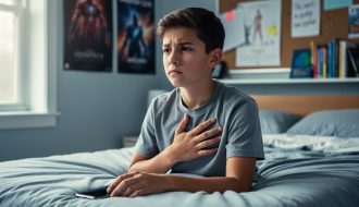 A calm teenage boy seated in his room with one hand on his chest, looking more composed in soft natural light.