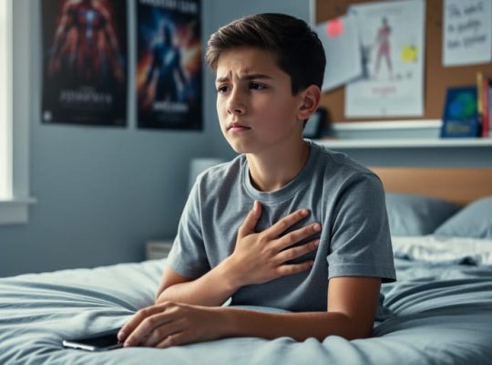 A calm teenage boy seated in his room with one hand on his chest, looking more composed in soft natural light.
