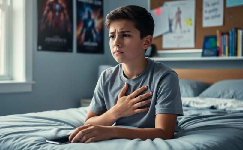 A calm teenage boy seated in his room with one hand on his chest, looking more composed in soft natural light.