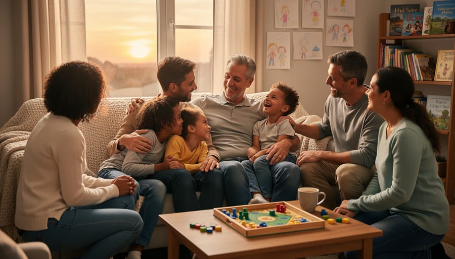 Family sitting together at a dining table sharing a warm, supportive meal