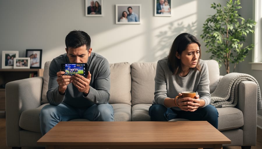 Parent and teen sitting together on a couch with concerned expressions while a phone rests in the teen’s hands.