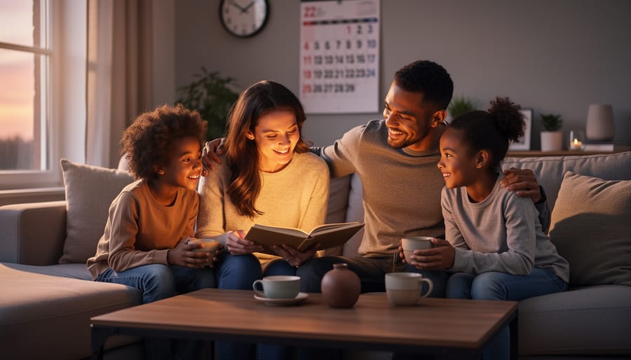 Parent and child share a calm family ritual at a dining table with fruit and gentle morning light.