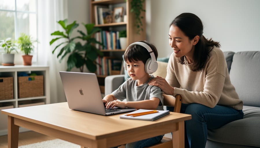 A parent and child studying together at a kitchen table with a laptop, creating a supportive learning environment at home.