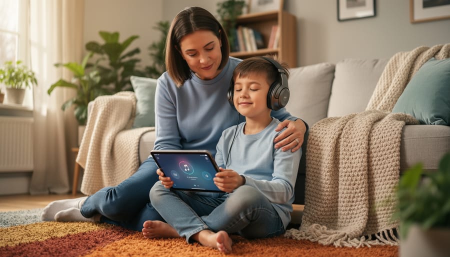 A child relaxing on a couch with headphones while a music therapist sits nearby with a small chime.