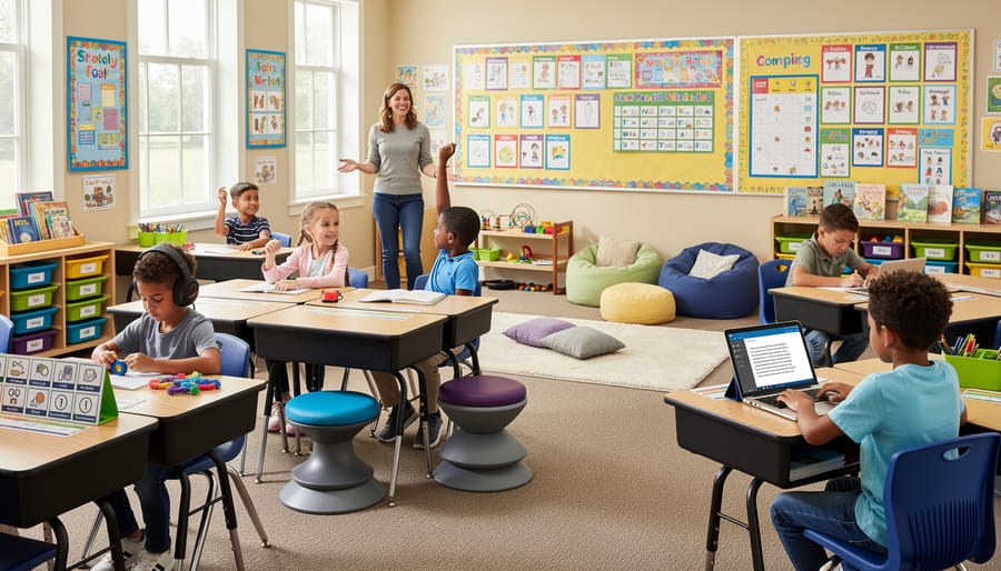 Students in a classroom using supportive tools like noise-reducing headphones and tactile materials while working in different learning areas.