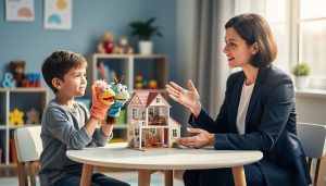 “Child and therapist participating in a role-play counseling session with puppets and a small dollhouse on a table.”