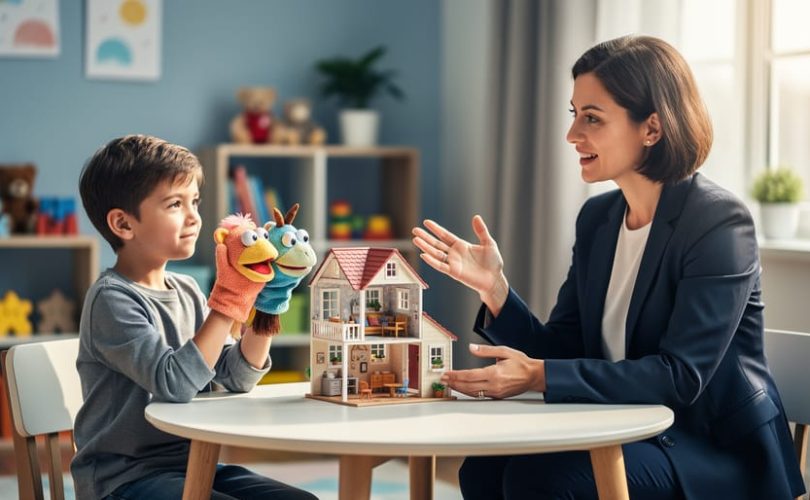 “Child and therapist participating in a role-play counseling session with puppets and a small dollhouse on a table.”