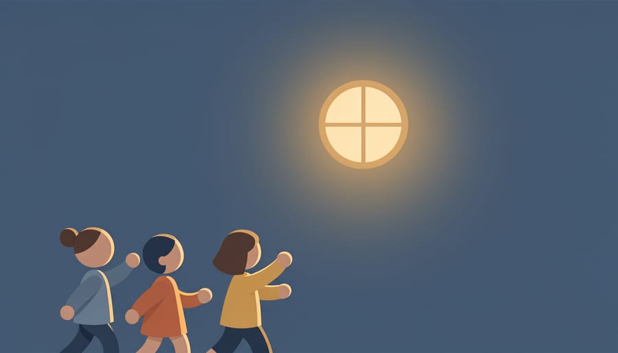 Child holding a small lantern outdoors at dusk looking toward the night sky