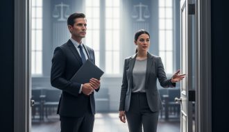 “People in a formal legal setting with a folder and a doorway in the background, representing federal and state mandated reporting rules.”