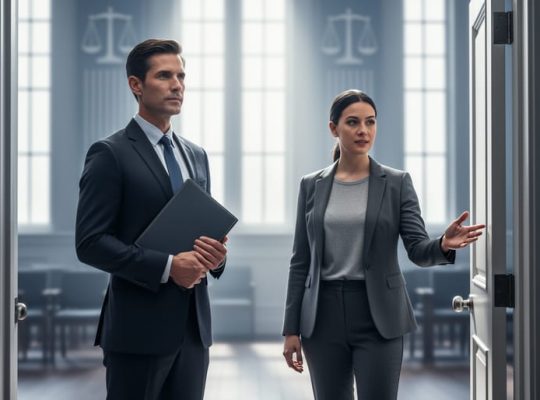 “People in a formal legal setting with a folder and a doorway in the background, representing federal and state mandated reporting rules.”