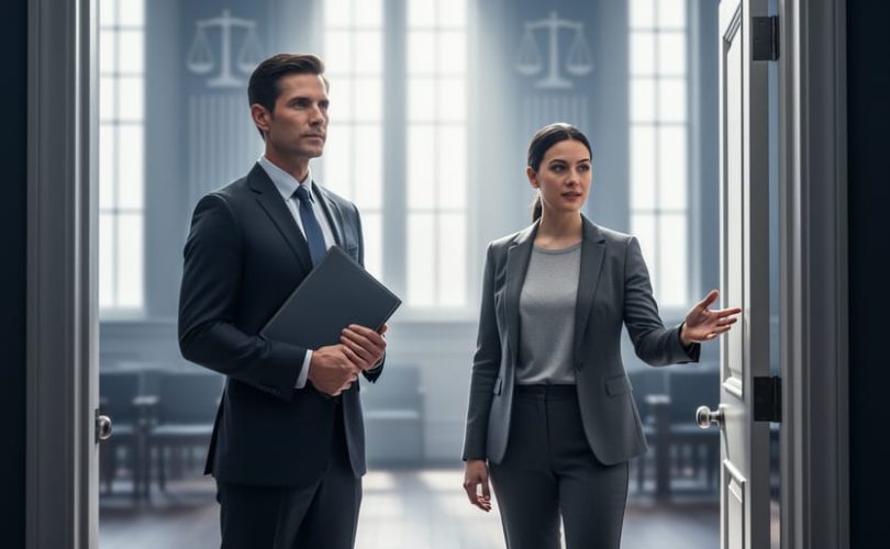 “People in a formal legal setting with a folder and a doorway in the background, representing federal and state mandated reporting rules.”