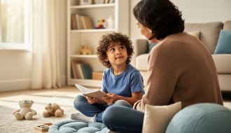 Parent and child sitting together on a living-room floor, calmly sharing a small notebook in a supportive home setting.