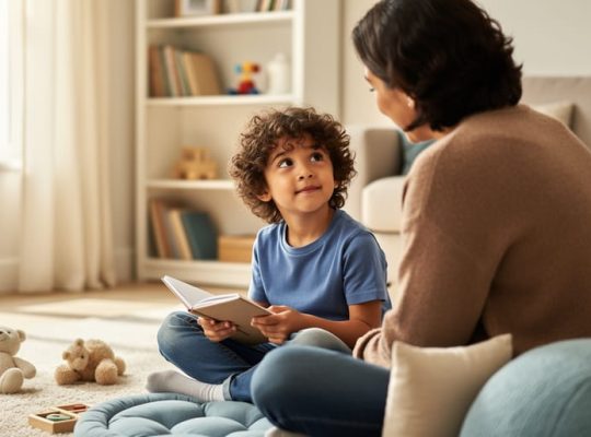 Parent and child sitting together on a living-room floor, calmly sharing a small notebook in a supportive home setting.