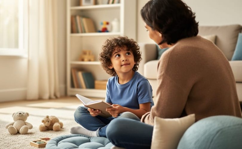 Parent and child sitting together on a living-room floor, calmly sharing a small notebook in a supportive home setting.