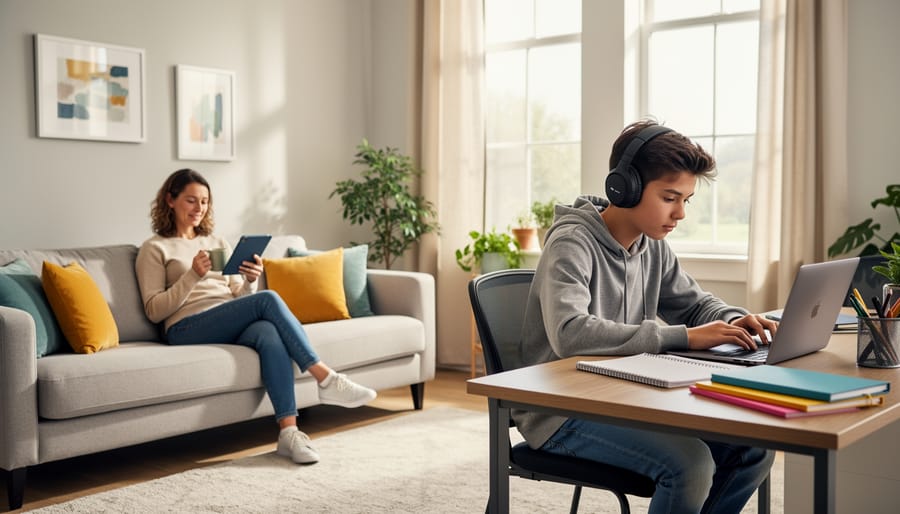 Parent and child working in the same room with devices, illustrating supportive, non-invasive monitoring.